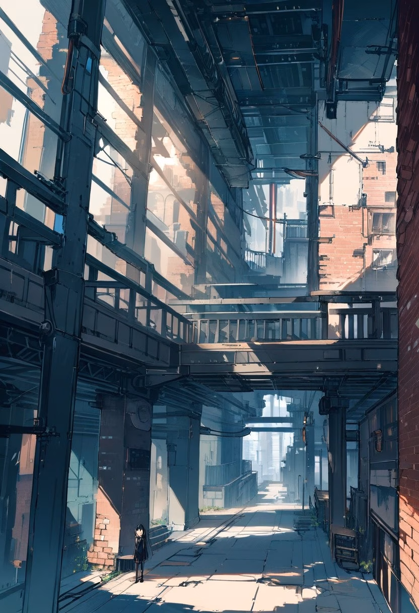 Industrial Loft Interior — view 2 — spacious industrial loft, featuring exposed brick walls and steel beams, tall windows letting in bright sunlight, clear 