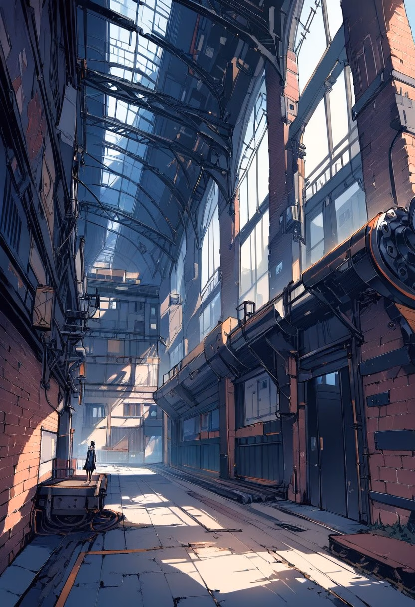 Industrial Loft Interior — view 3 — spacious industrial loft, featuring exposed brick walls and steel beams, tall windows letting in bright sunlight, clear 