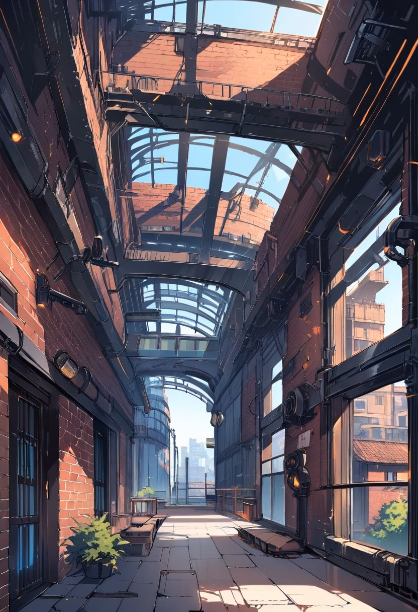 Industrial Loft Interior — view 4 — spacious industrial loft, featuring exposed brick walls and steel beams, tall windows letting in bright sunlight, clear 