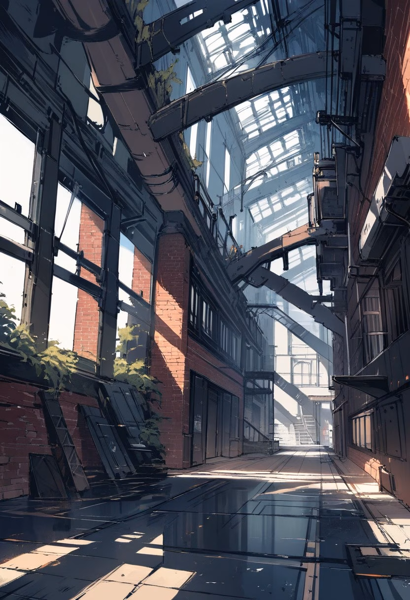 Industrial Loft Interior — view 5 — spacious industrial loft, featuring exposed brick walls and steel beams, tall windows letting in bright sunlight, clear 