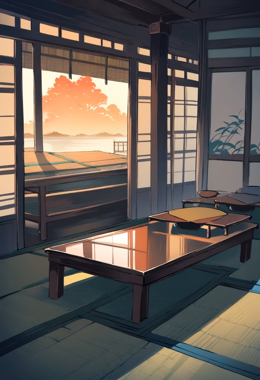 Japanese Tea Room — view 1 — minimalist japanese tea room, arranged with tatami mats and low table, warm evening breeze through paper screens, golden