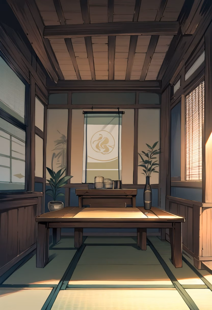 Japanese Tea Room — view 2 — minimalist japanese tea room, arranged with tatami mats and low table, warm evening breeze through paper screens, golden