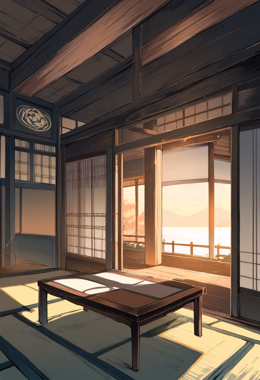 Japanese Tea Room — view 3 — minimalist japanese tea room, arranged with tatami mats and low table, warm evening breeze through paper screens, golden