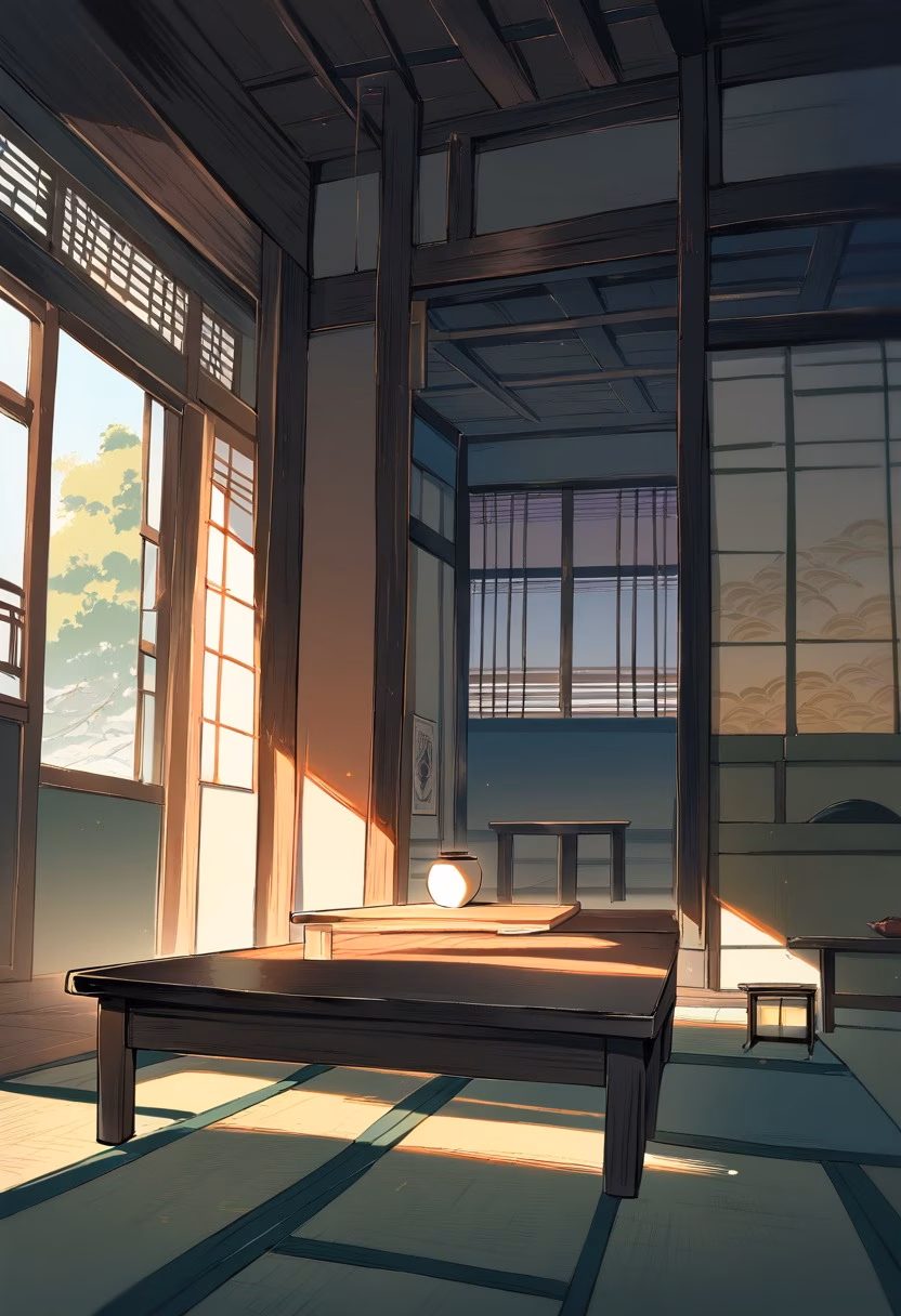 Japanese Tea Room — view 4 — minimalist japanese tea room, arranged with tatami mats and low table, warm evening breeze through paper screens, golden