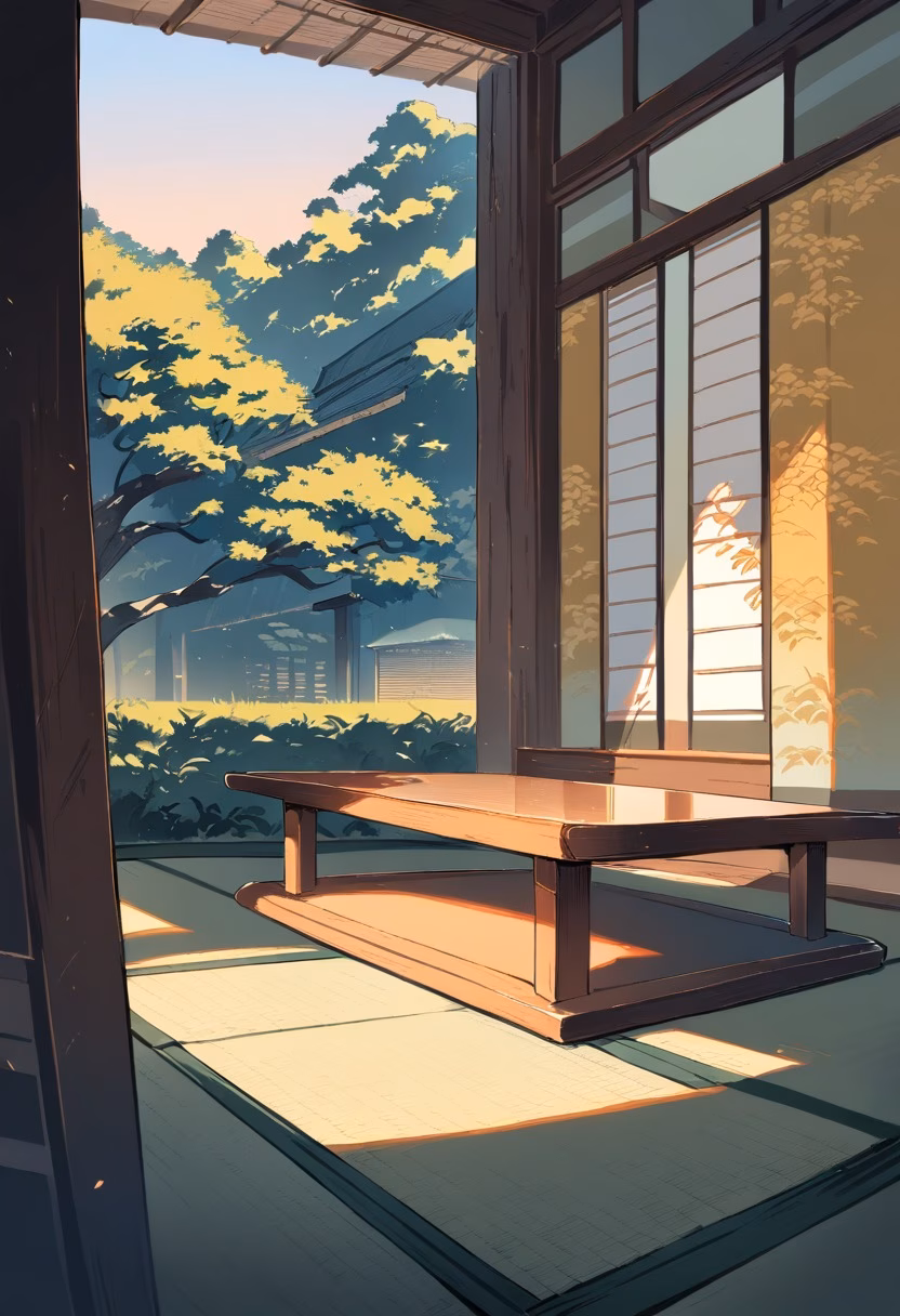 Japanese Tea Room — view 5 — minimalist japanese tea room, arranged with tatami mats and low table, warm evening breeze through paper screens, golden