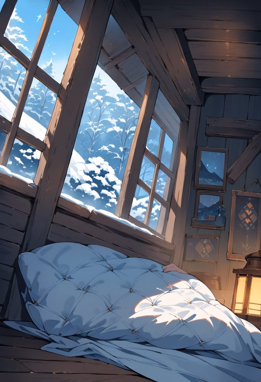 Cozy Attic Bedroom — view 1 — snug attic bedroom, tucked beneath a sloped wooden ceiling, gentle winter snowfall visible through the skylight, dusky b