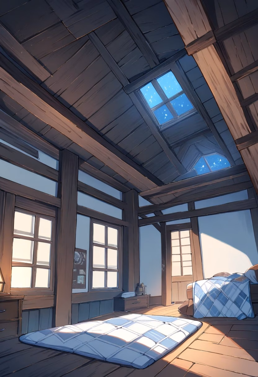 Cozy Attic Bedroom — view 2 — snug attic bedroom, tucked beneath a sloped wooden ceiling, gentle winter snowfall visible through the skylight, dusky b