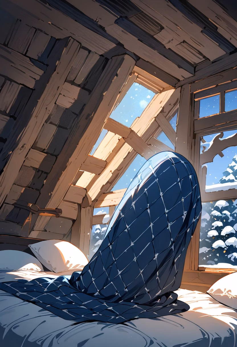 Cozy Attic Bedroom — view 3 — snug attic bedroom, tucked beneath a sloped wooden ceiling, gentle winter snowfall visible through the skylight, dusky b