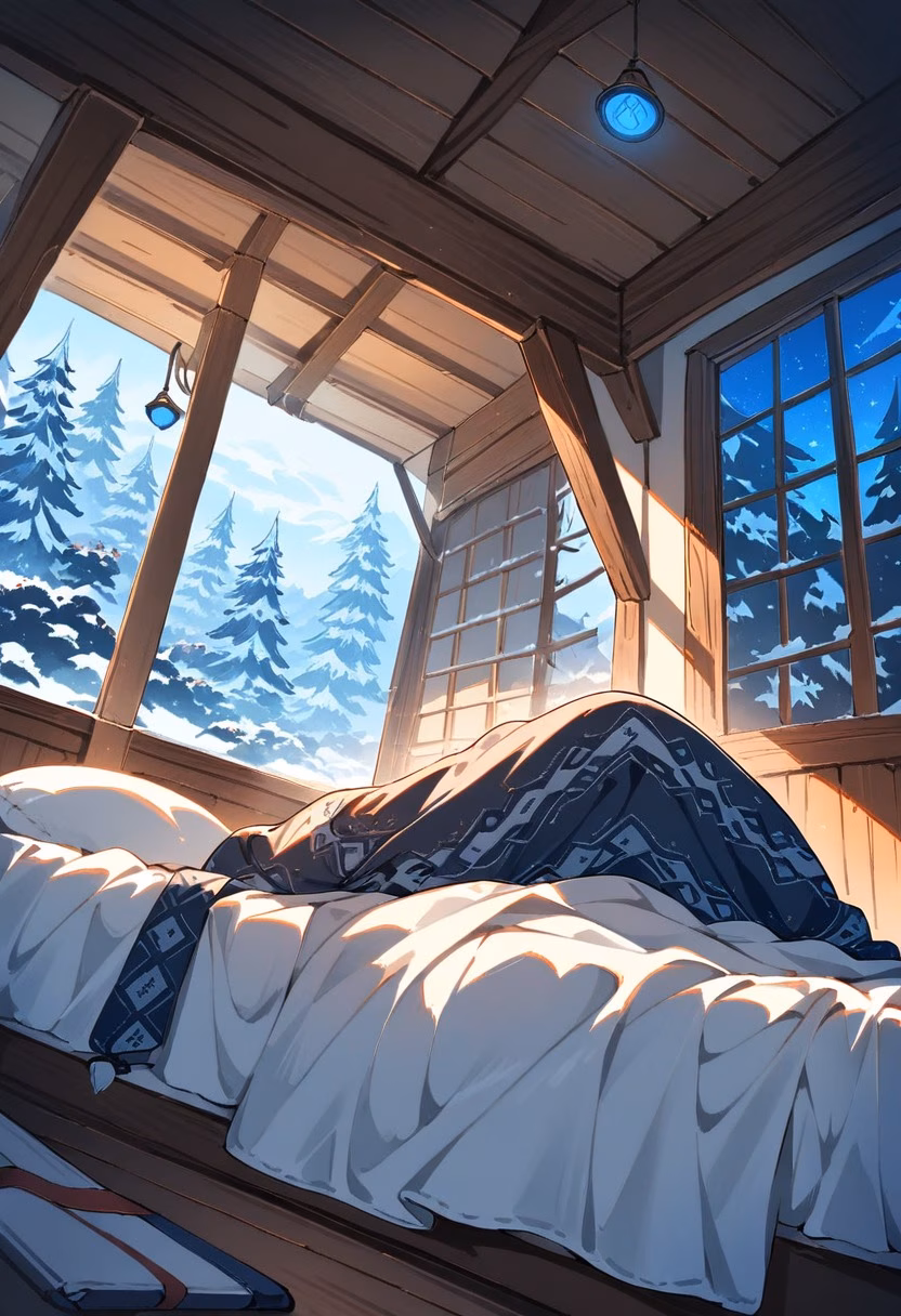 Cozy Attic Bedroom — view 4 — snug attic bedroom, tucked beneath a sloped wooden ceiling, gentle winter snowfall visible through the skylight, dusky b