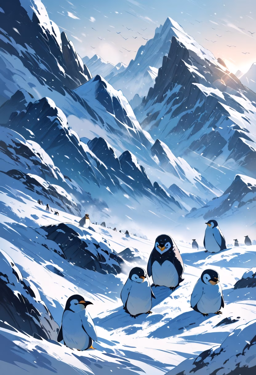 Huddled Baby Penguins — view 1 — baby penguins huddled together, antarctic ice, snowstorm, colony, fluffy feathers, wildlife, cold, detailed snow, master