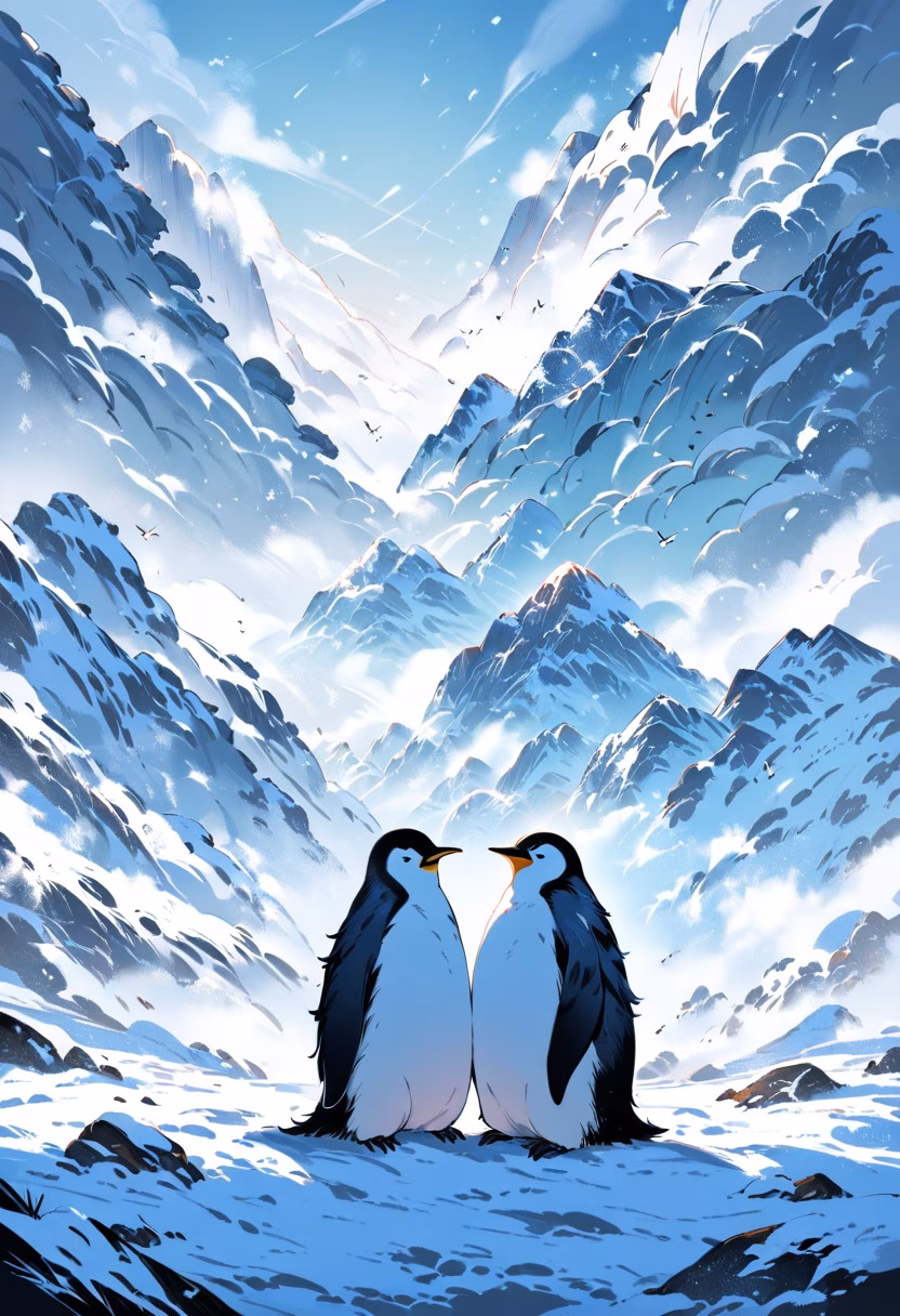Huddled Baby Penguins — view 2 — baby penguins huddled together, antarctic ice, snowstorm, colony, fluffy feathers, wildlife, cold, detailed snow, master