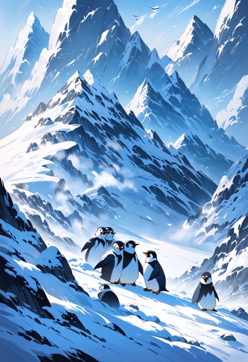 Huddled Baby Penguins — view 4 — baby penguins huddled together, antarctic ice, snowstorm, colony, fluffy feathers, wildlife, cold, detailed snow, master