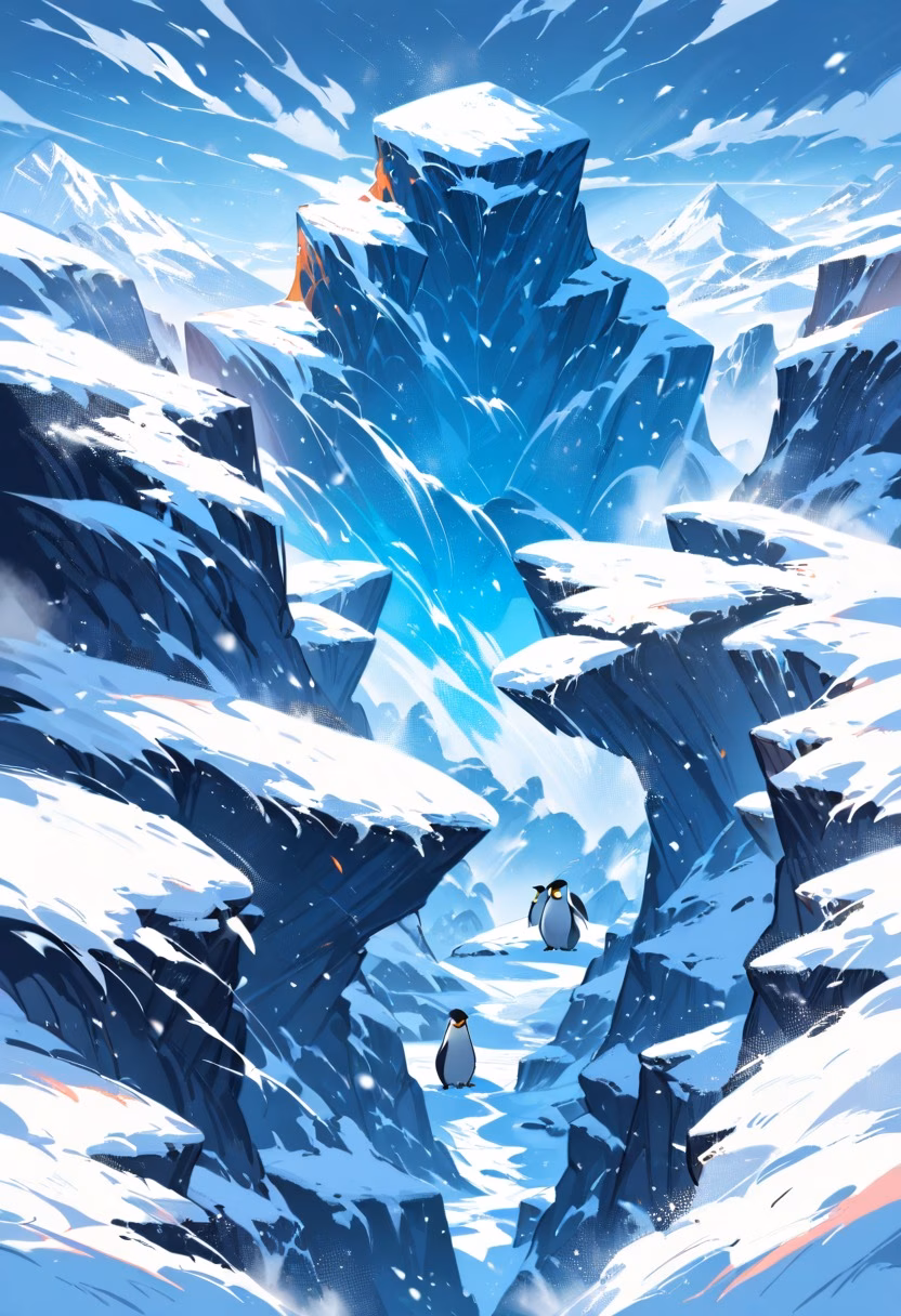 Huddled Baby Penguins — view 5 — baby penguins huddled together, antarctic ice, snowstorm, colony, fluffy feathers, wildlife, cold, detailed snow, master