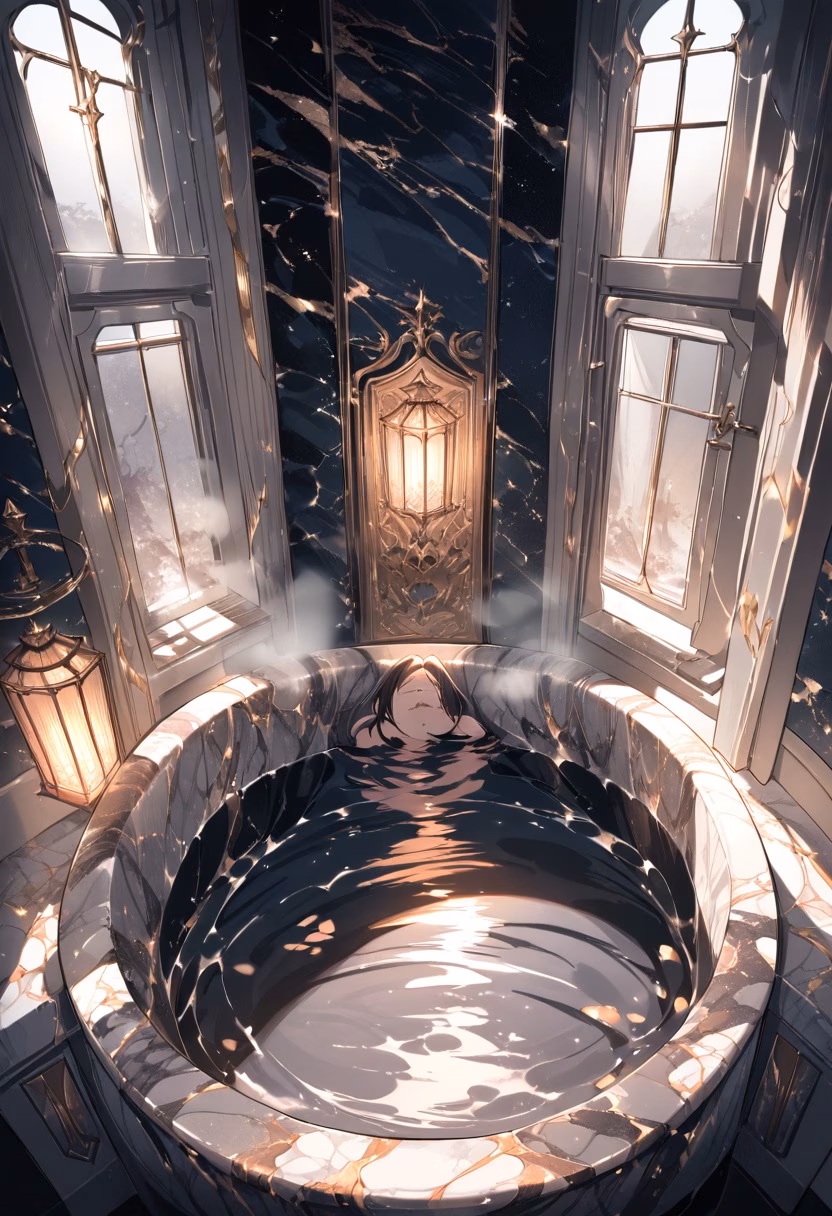 Marble Bathroom At Night — view 1 — luxurious marble bathroom, featuring a deep soaking tub near tall windows, faint steam rising from warm water, dim night