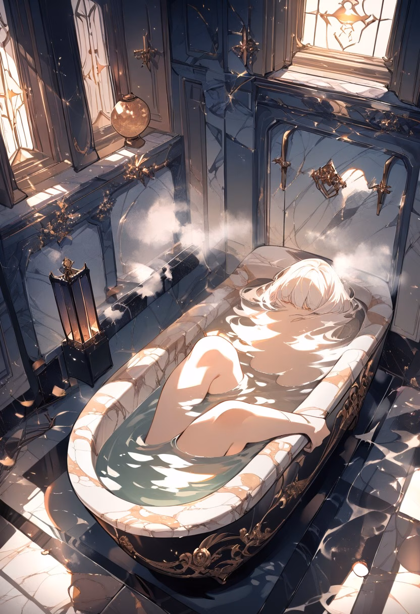 Marble Bathroom At Night — view 3 — luxurious marble bathroom, featuring a deep soaking tub near tall windows, faint steam rising from warm water, dim night