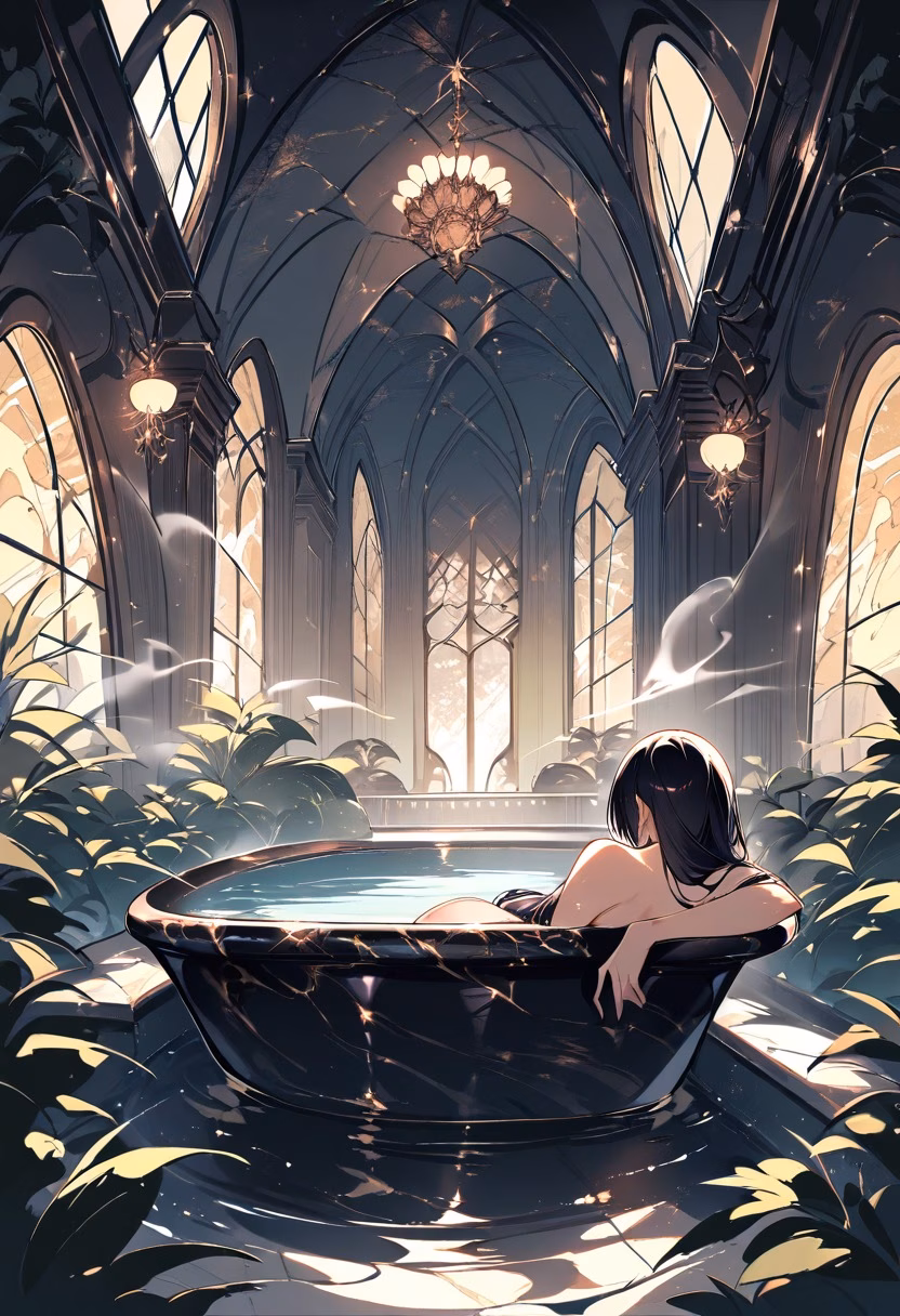 Marble Bathroom At Night — view 5 — luxurious marble bathroom, featuring a deep soaking tub near tall windows, faint steam rising from warm water, dim night