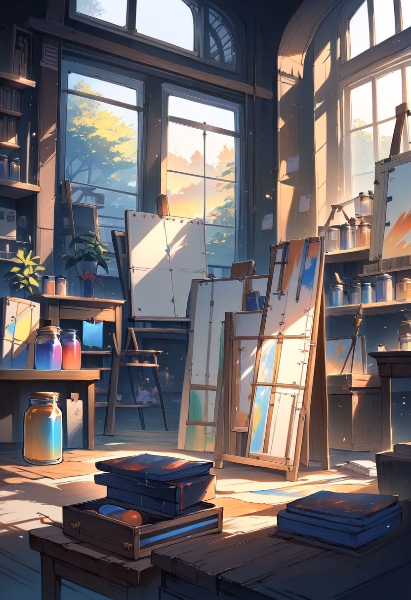 Artist's Studio At Dawn — view 1 — cluttered artist's studio, filled with half-finished canvases and paint jars, soft morning light streaming through tall 