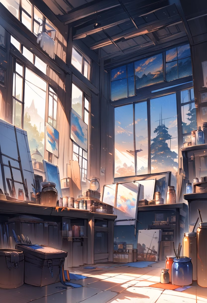 Artist's Studio At Dawn — view 2 — cluttered artist's studio, filled with half-finished canvases and paint jars, soft morning light streaming through tall 