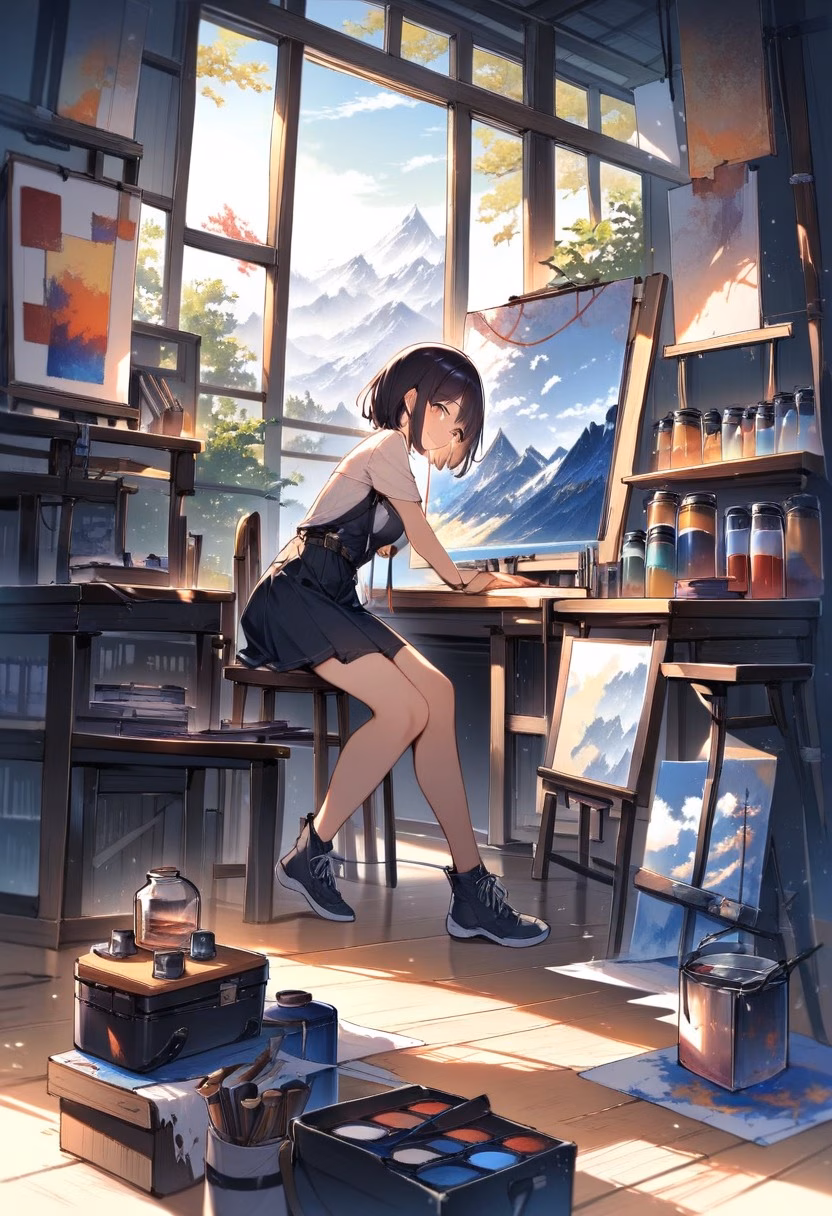 Artist's Studio At Dawn — view 3 — cluttered artist's studio, filled with half-finished canvases and paint jars, soft morning light streaming through tall 