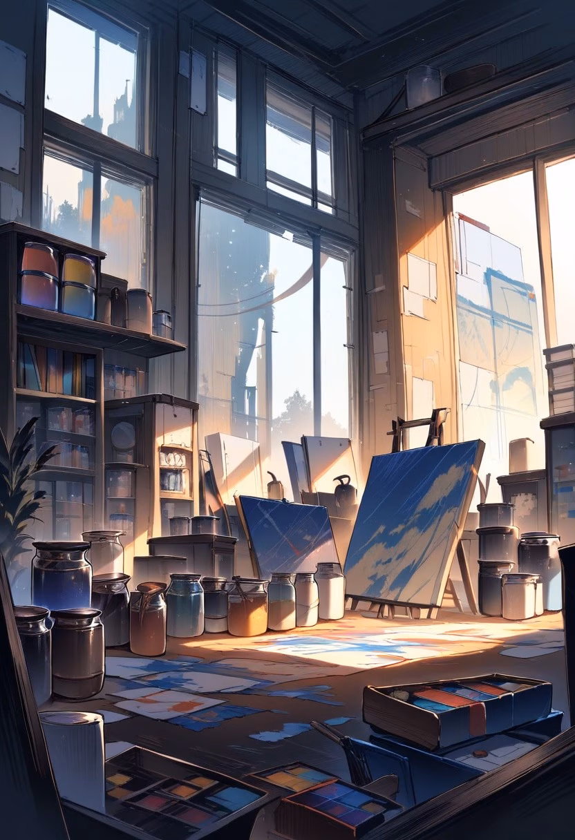 Artist's Studio At Dawn — view 4 — cluttered artist's studio, filled with half-finished canvases and paint jars, soft morning light streaming through tall 