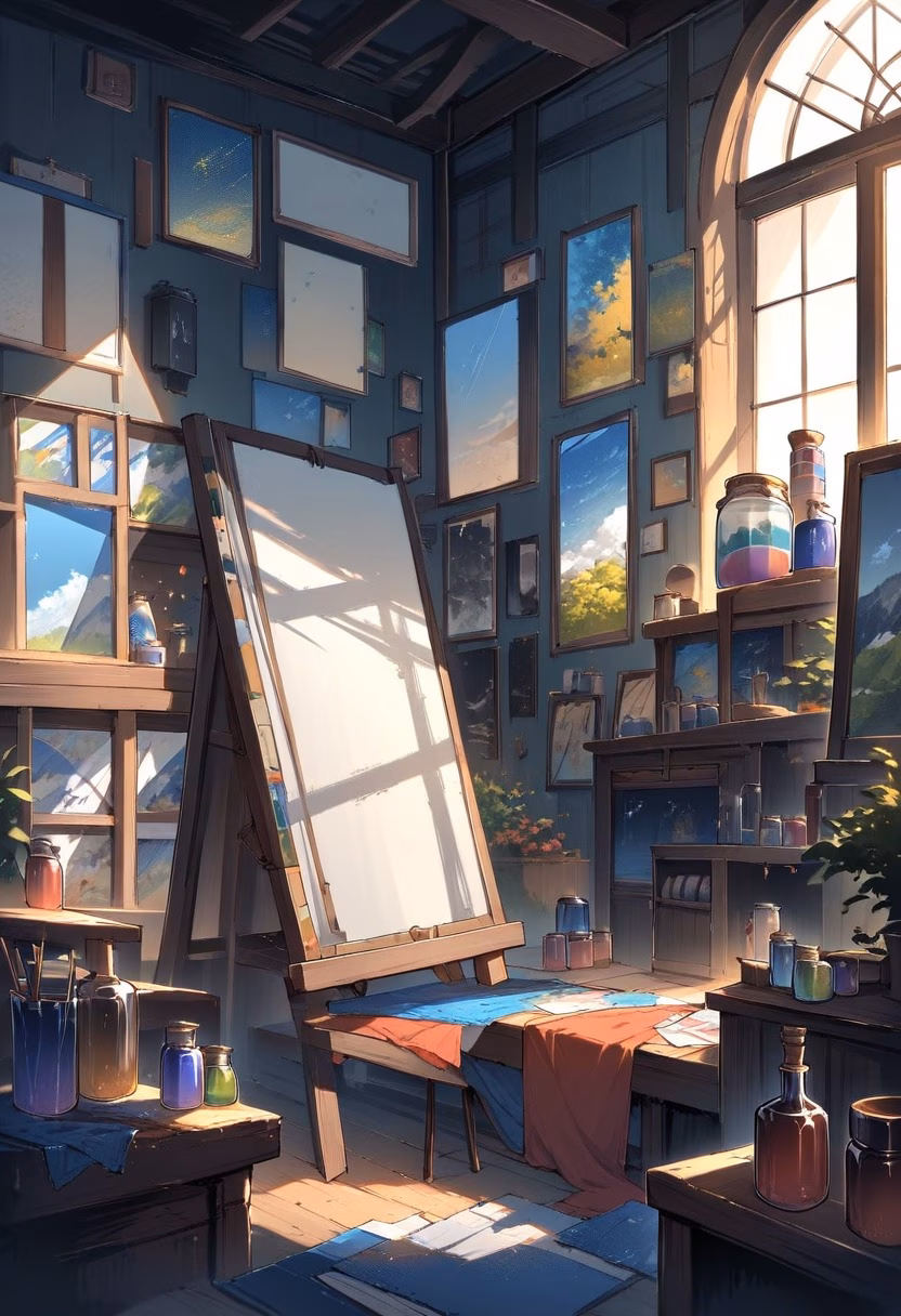 Artist's Studio At Dawn — view 5 — cluttered artist's studio, filled with half-finished canvases and paint jars, soft morning light streaming through tall 