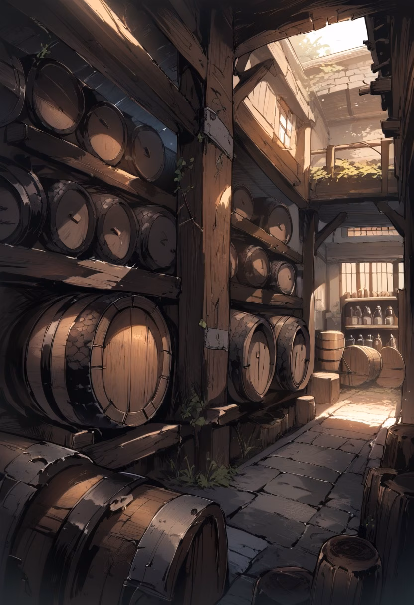 Rustic Wine Cellar — view 1 — rustic stone wine cellar, lined with wooden barrels and dusty bottles, faint daylight filtering through a small vent, di