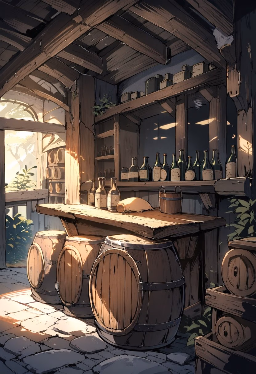 Rustic Wine Cellar — view 2 — rustic stone wine cellar, lined with wooden barrels and dusty bottles, faint daylight filtering through a small vent, di