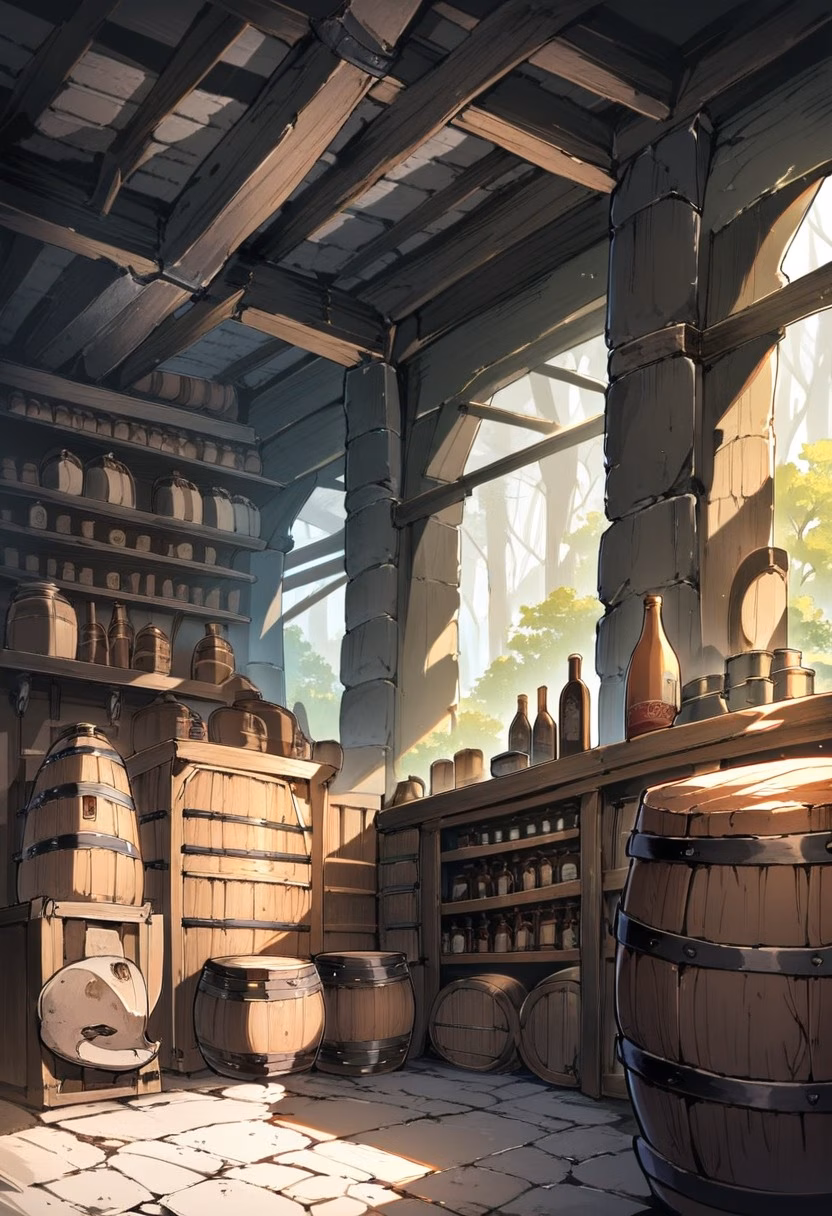 Rustic Wine Cellar — view 3 — rustic stone wine cellar, lined with wooden barrels and dusty bottles, faint daylight filtering through a small vent, di