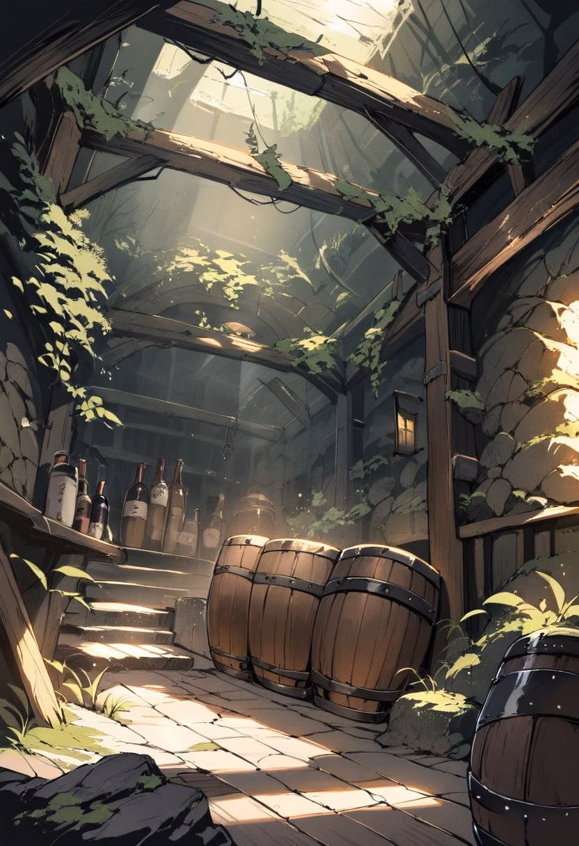 Rustic Wine Cellar — view 4 — rustic stone wine cellar, lined with wooden barrels and dusty bottles, faint daylight filtering through a small vent, di