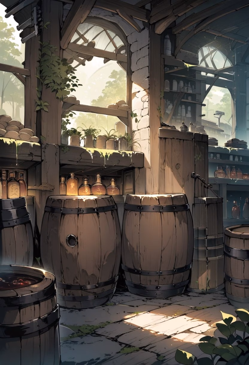 Rustic Wine Cellar — view 5 — rustic stone wine cellar, lined with wooden barrels and dusty bottles, faint daylight filtering through a small vent, di