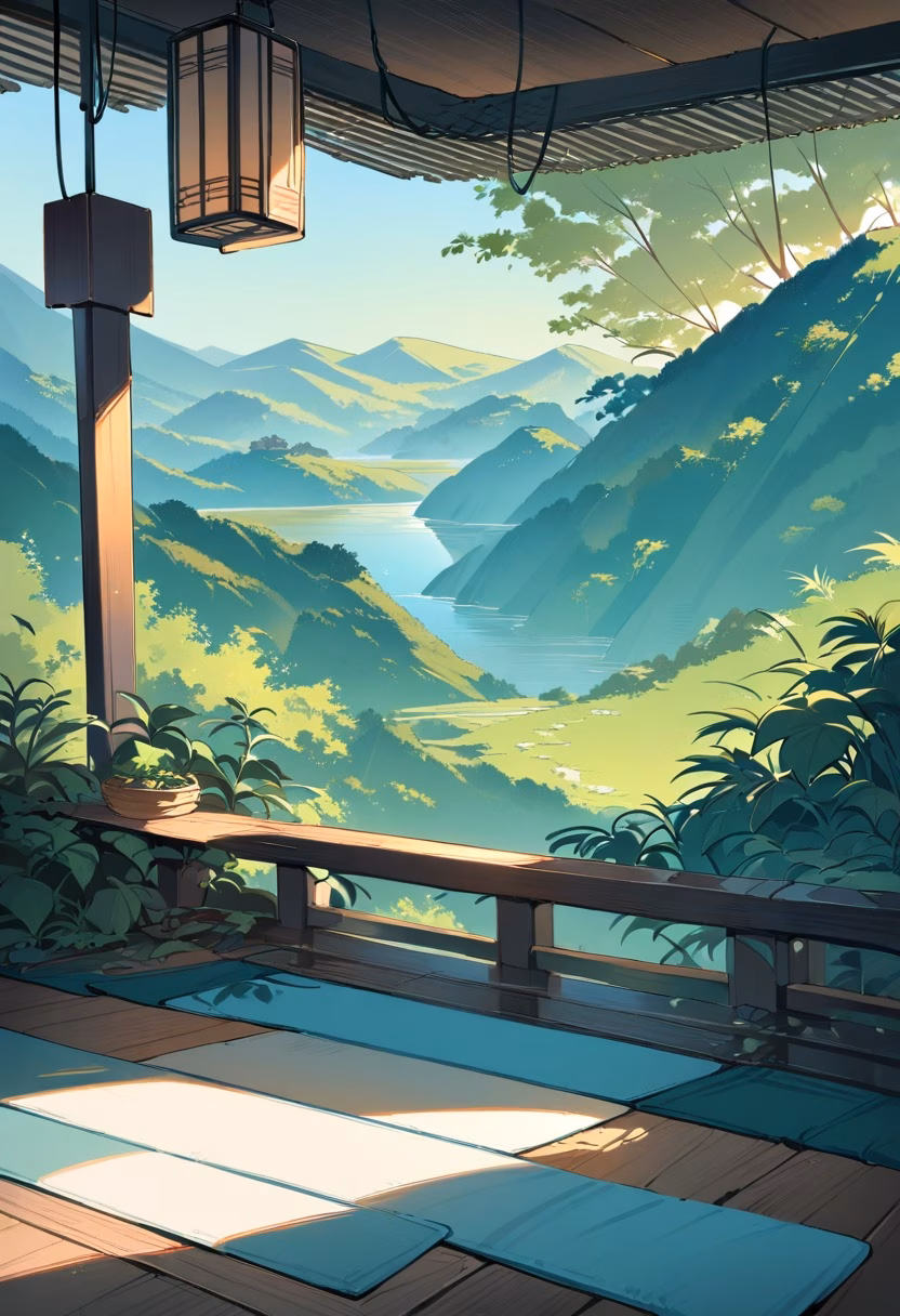 Yoga Balcony At Sunrise — view 1 — peaceful yoga mat setup, arranged on a wooden balcony overlooking hills, faint morning dew covering nearby plants, golde