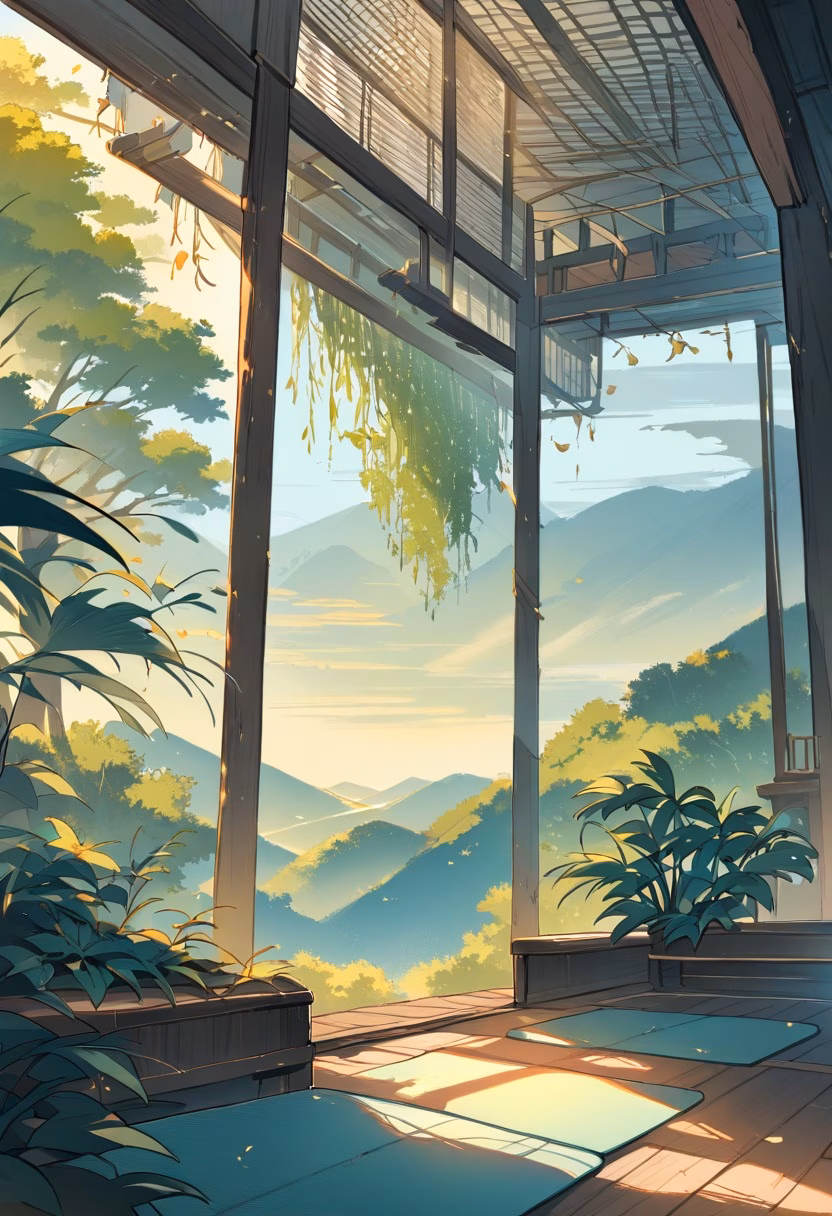Yoga Balcony At Sunrise — view 2 — peaceful yoga mat setup, arranged on a wooden balcony overlooking hills, faint morning dew covering nearby plants, golde