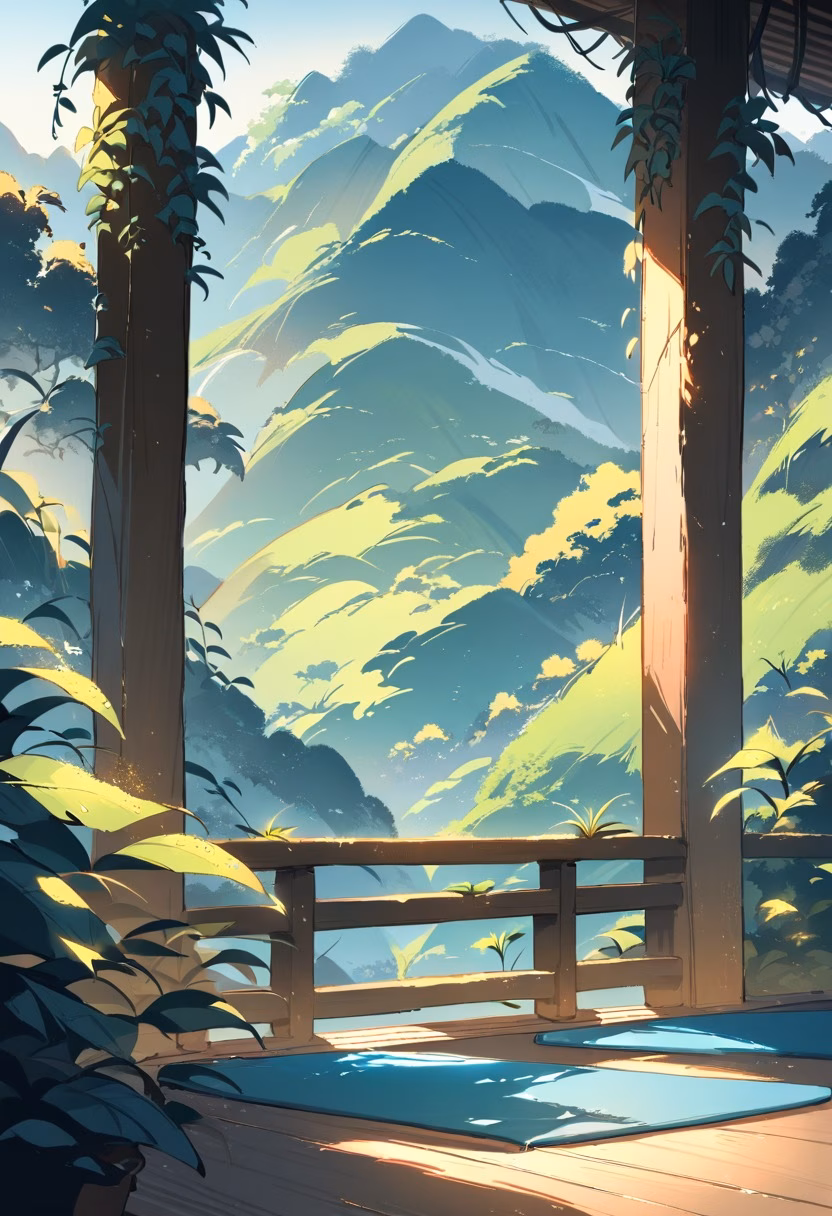 Yoga Balcony At Sunrise — view 3 — peaceful yoga mat setup, arranged on a wooden balcony overlooking hills, faint morning dew covering nearby plants, golde