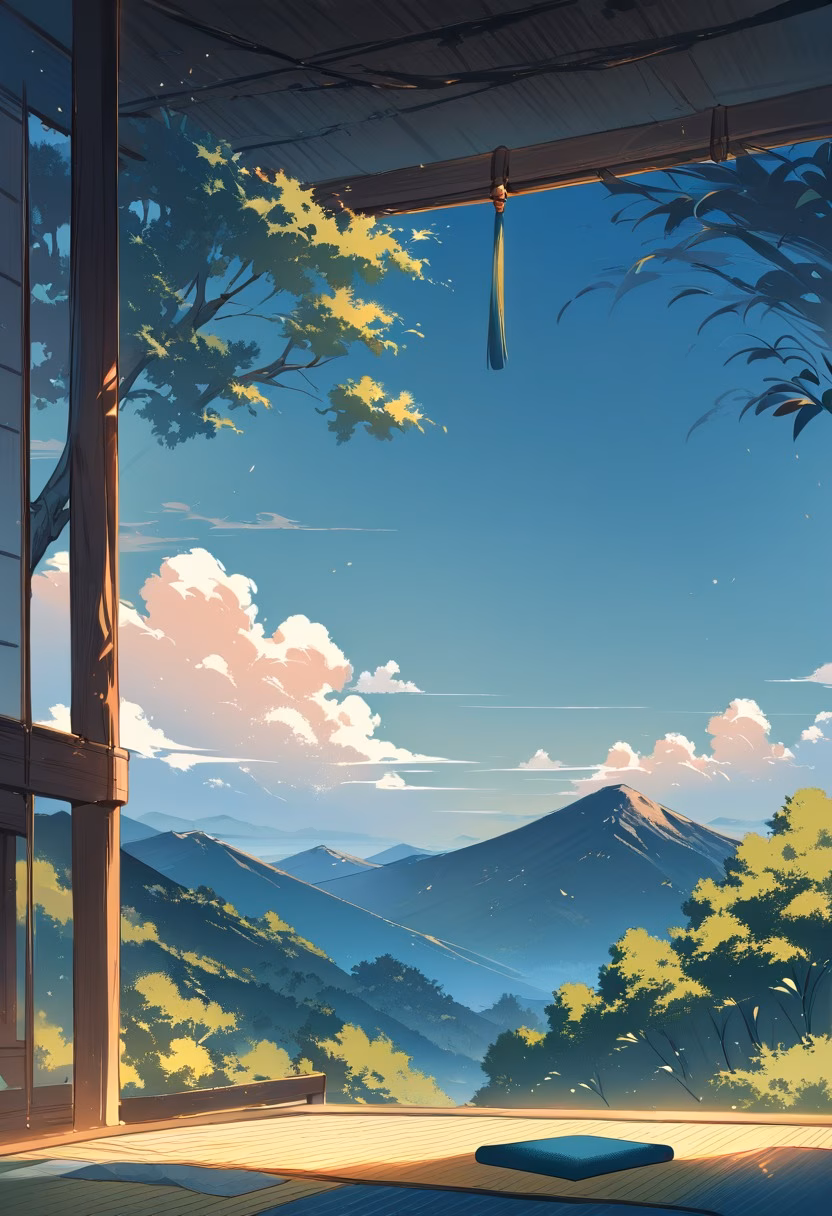 Yoga Balcony At Sunrise — view 4 — peaceful yoga mat setup, arranged on a wooden balcony overlooking hills, faint morning dew covering nearby plants, golde