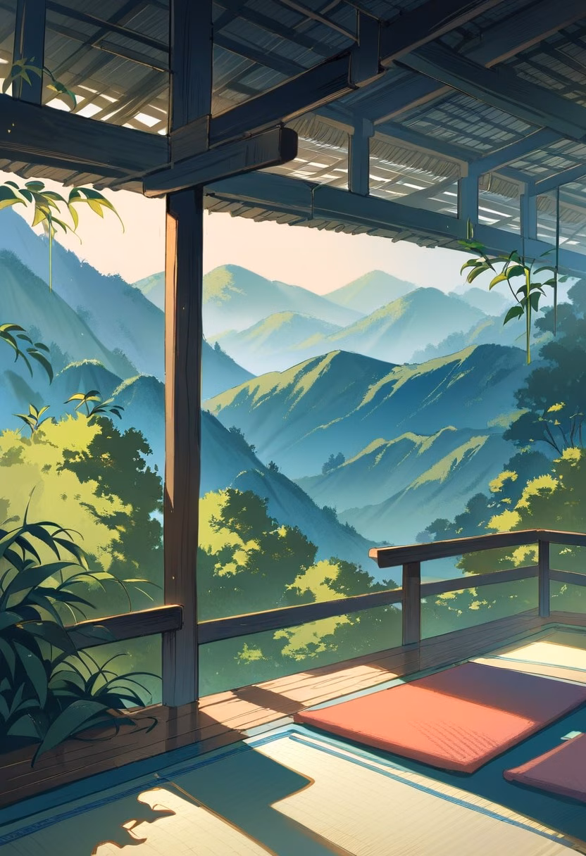Yoga Balcony At Sunrise — view 5 — peaceful yoga mat setup, arranged on a wooden balcony overlooking hills, faint morning dew covering nearby plants, golde