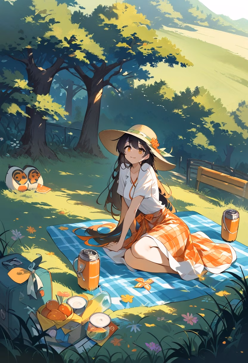 Picnic At Dusk — view 1 — cheerful picnic blanket, spread across a grassy hillside park, gentle summer breeze rustling nearby trees, dusky orange 