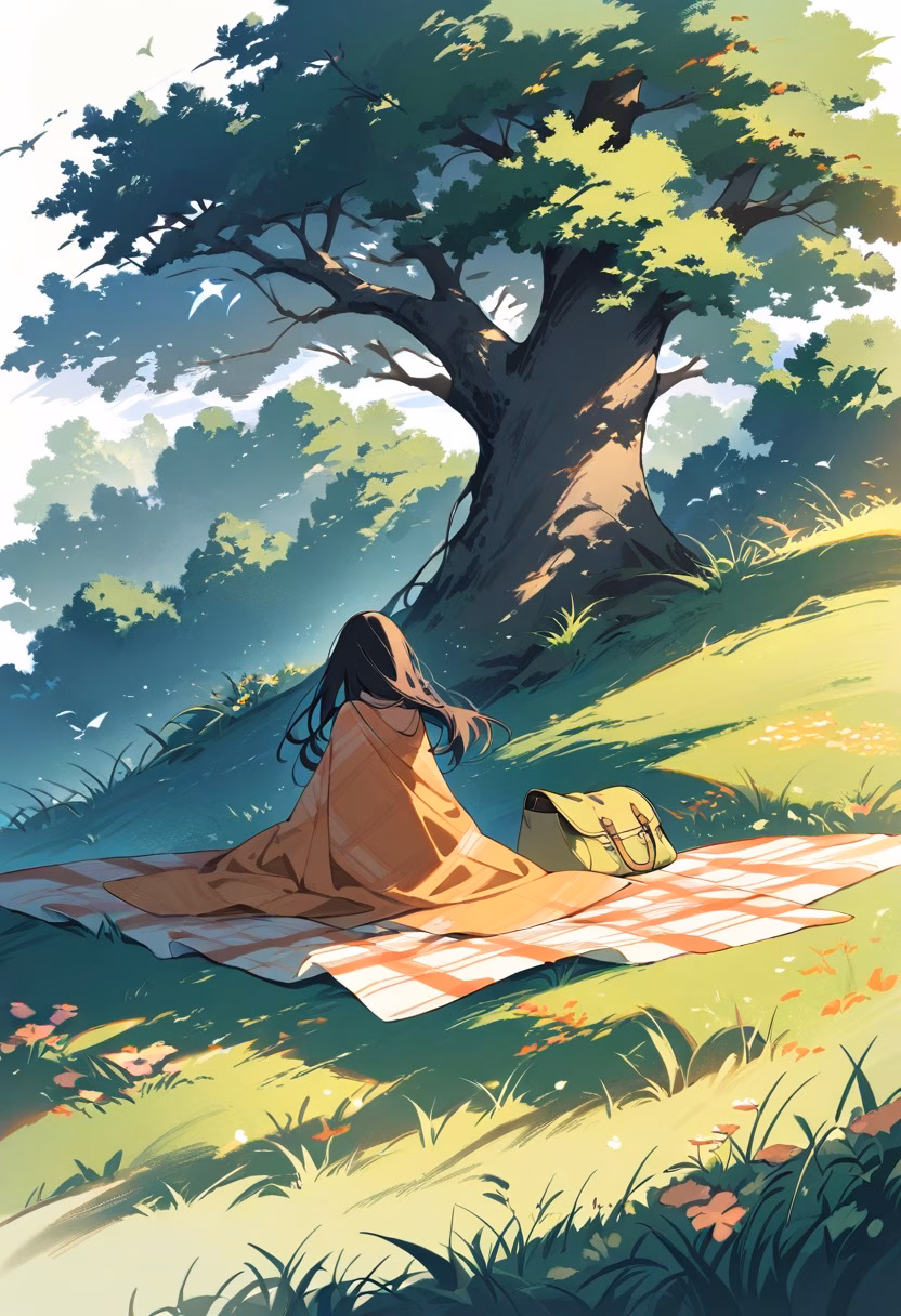 Picnic At Dusk — view 2 — cheerful picnic blanket, spread across a grassy hillside park, gentle summer breeze rustling nearby trees, dusky orange