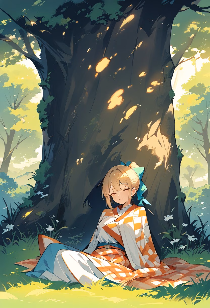 Picnic At Dusk — view 3 — cheerful picnic blanket, spread across a grassy hillside park, gentle summer breeze rustling nearby trees, dusky orange