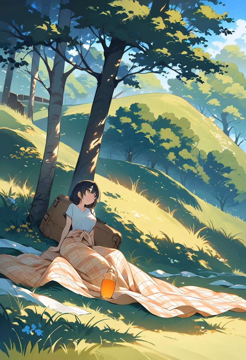 Picnic At Dusk — view 4 — cheerful picnic blanket, spread across a grassy hillside park, gentle summer breeze rustling nearby trees, dusky orange