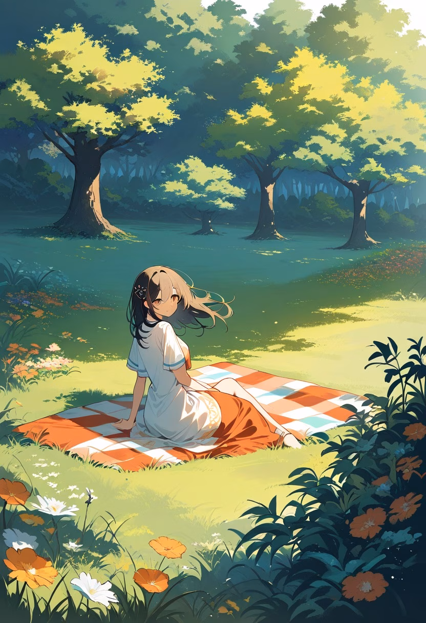 Picnic At Dusk — view 5 — cheerful picnic blanket, spread across a grassy hillside park, gentle summer breeze rustling nearby trees, dusky orange 