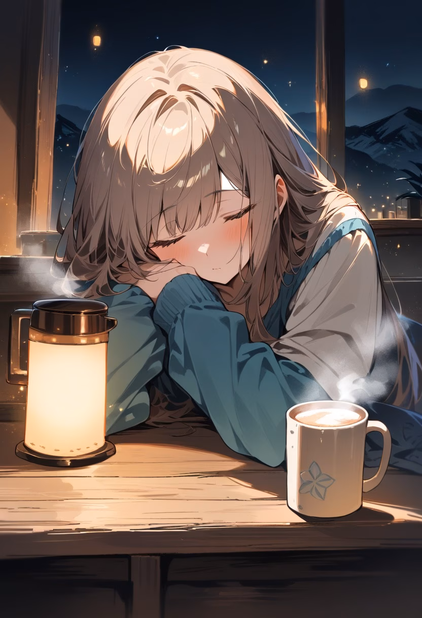 Coffee Station At Night — view 1 — cozy home coffee station, arranged on a rustic wooden counter, faint steam rising from a ceramic mug, warm night light, 