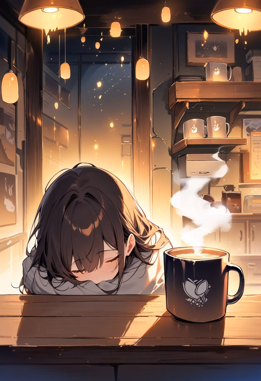 Coffee Station At Night — view 2 — cozy home coffee station, arranged on a rustic wooden counter, faint steam rising from a ceramic mug, warm night light,
