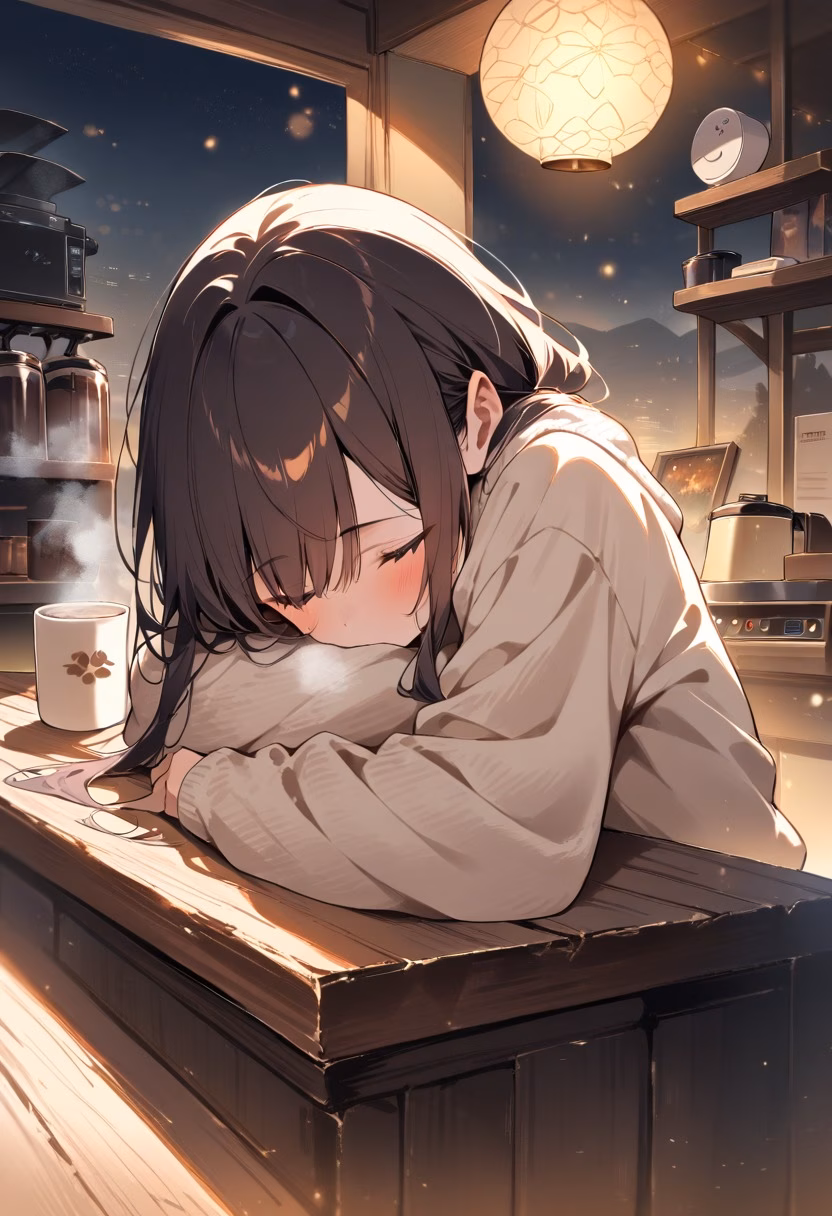 Coffee Station At Night — view 3 — cozy home coffee station, arranged on a rustic wooden counter, faint steam rising from a ceramic mug, warm night light,