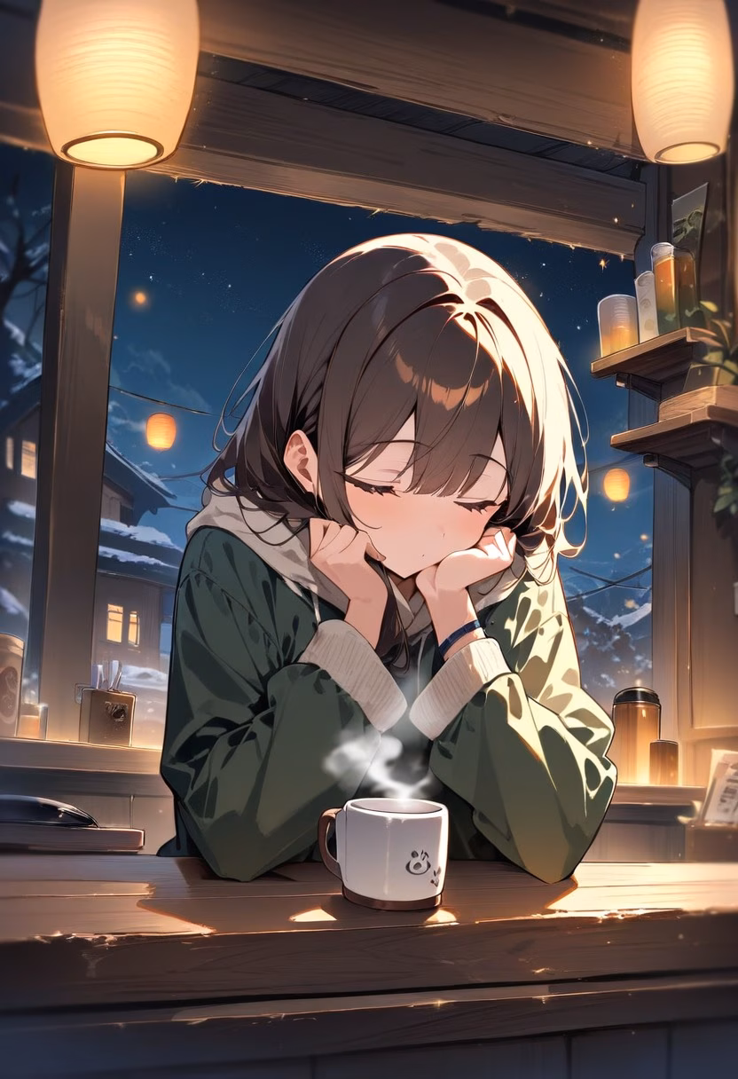 Coffee Station At Night — view 4 — cozy home coffee station, arranged on a rustic wooden counter, faint steam rising from a ceramic mug, warm night light,