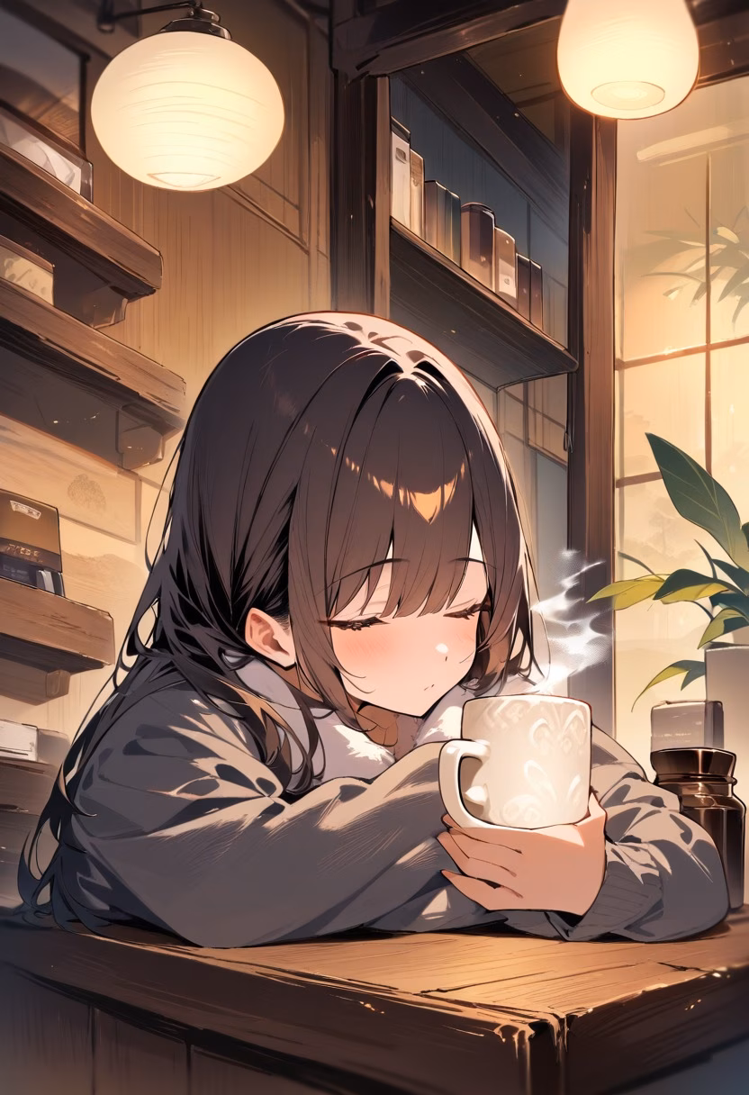 Coffee Station At Night — view 5 — cozy home coffee station, arranged on a rustic wooden counter, faint steam rising from a ceramic mug, warm night light, 