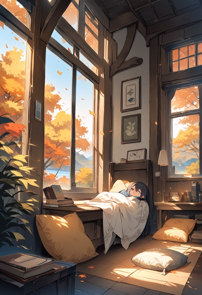 Reading Nook At Dawn — view 1 — sunlit reading nook, tucked beside a large bay window, soft autumn light filtering through falling leaves, gentle dawn l