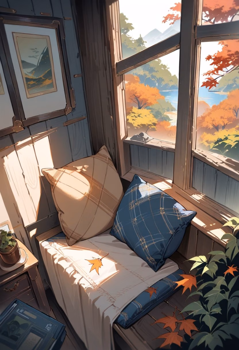 Reading Nook At Dawn — view 2 — sunlit reading nook, tucked beside a large bay window, soft autumn light filtering through falling leaves, gentle dawn l