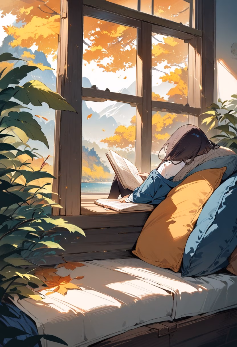 Reading Nook At Dawn — view 3 — sunlit reading nook, tucked beside a large bay window, soft autumn light filtering through falling leaves, gentle dawn l