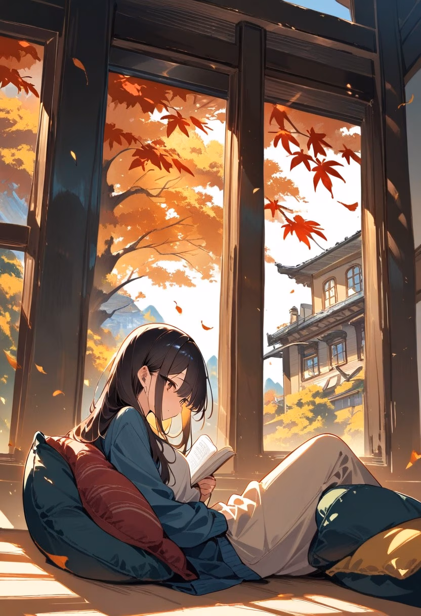 Reading Nook At Dawn — view 4 — sunlit reading nook, tucked beside a large bay window, soft autumn light filtering through falling leaves, gentle dawn l