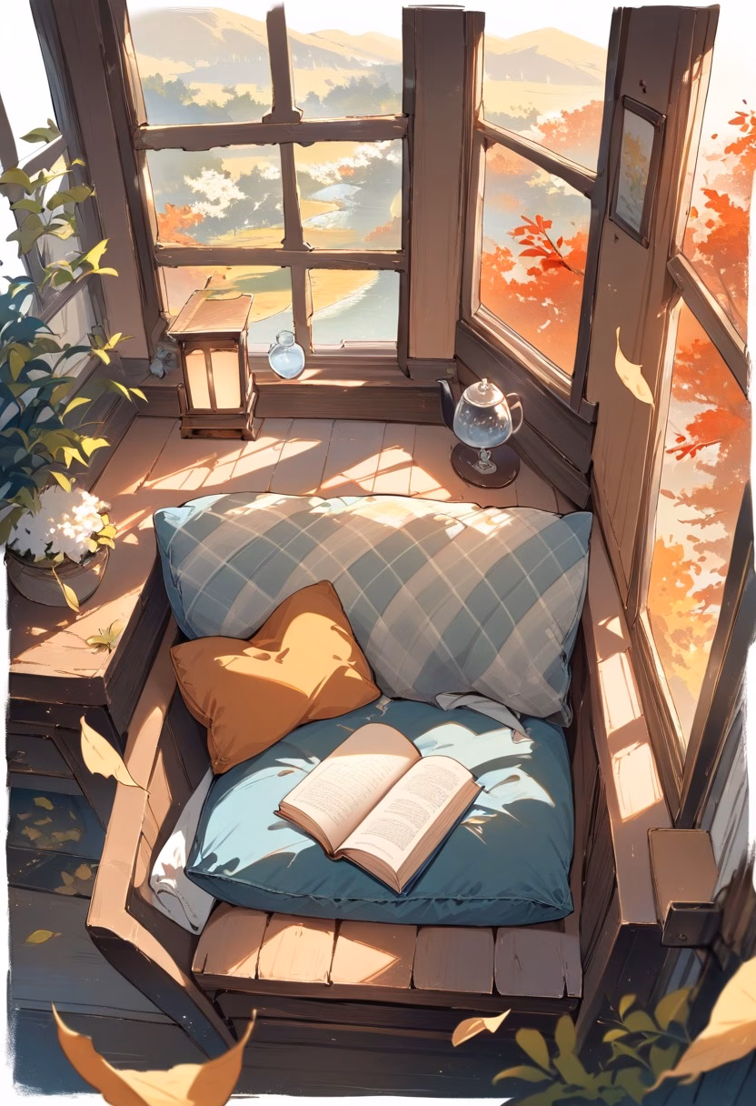 Reading Nook At Dawn — view 5 — sunlit reading nook, tucked beside a large bay window, soft autumn light filtering through falling leaves, gentle dawn l